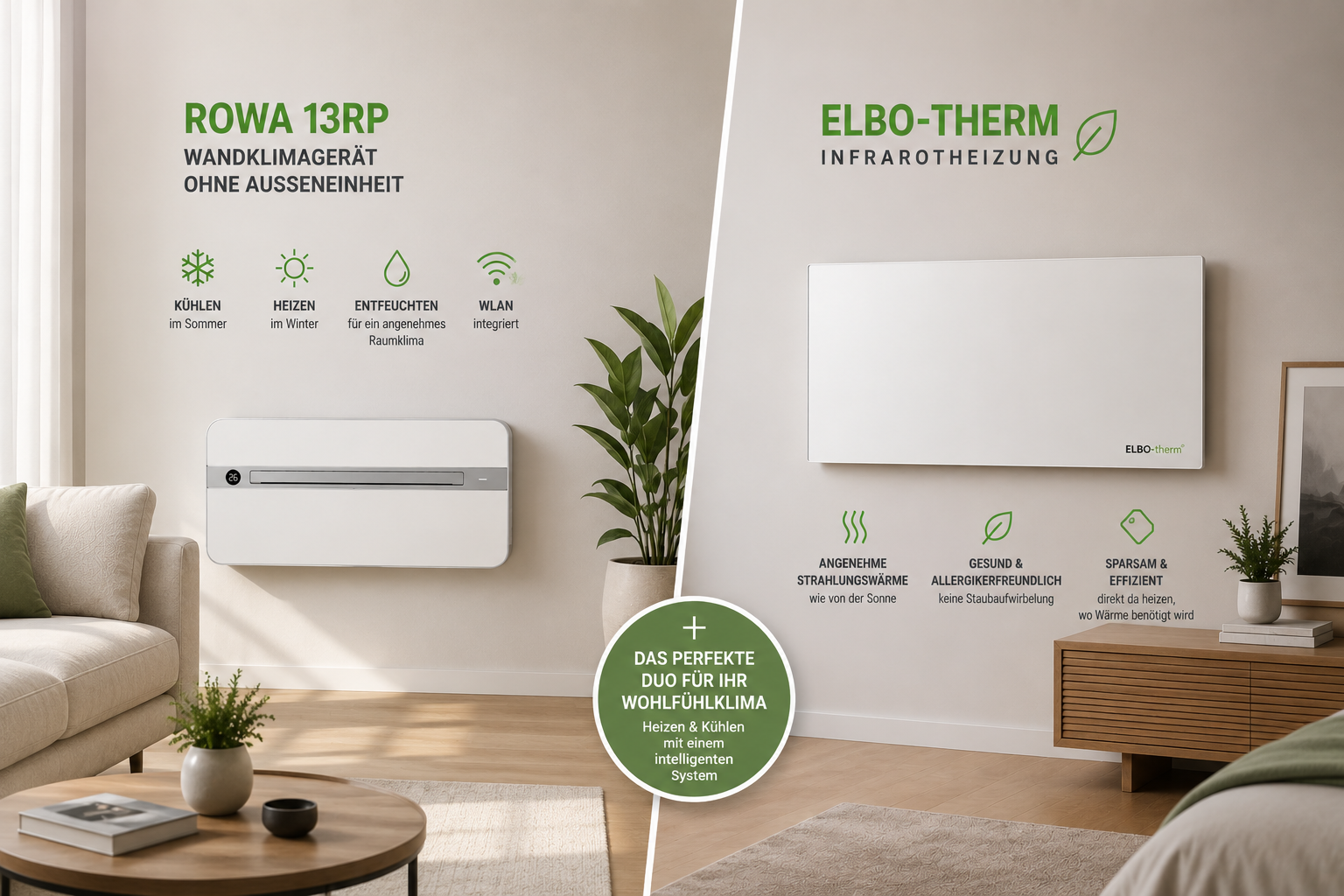 Die perfekte Kombination: Elbo ROWA 13RP Wandklimagerät und Elbo-therm Infrarotheizungen